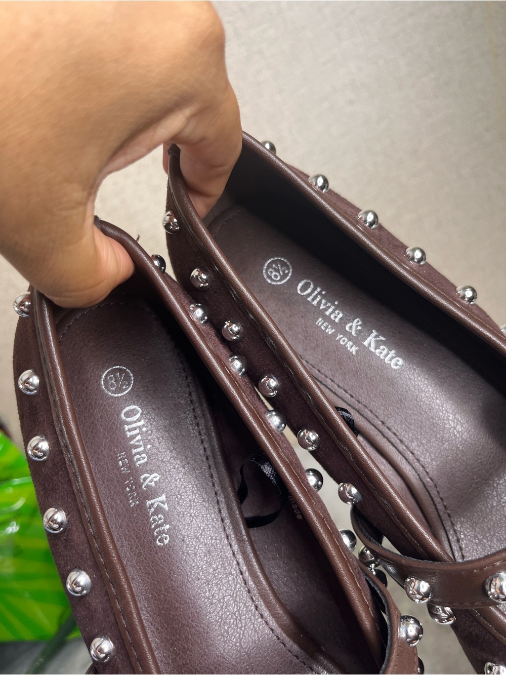 Olivia & Kate Studded Mary Jane Flats in a dark brown faux-suede finish - Picture 3 of 8